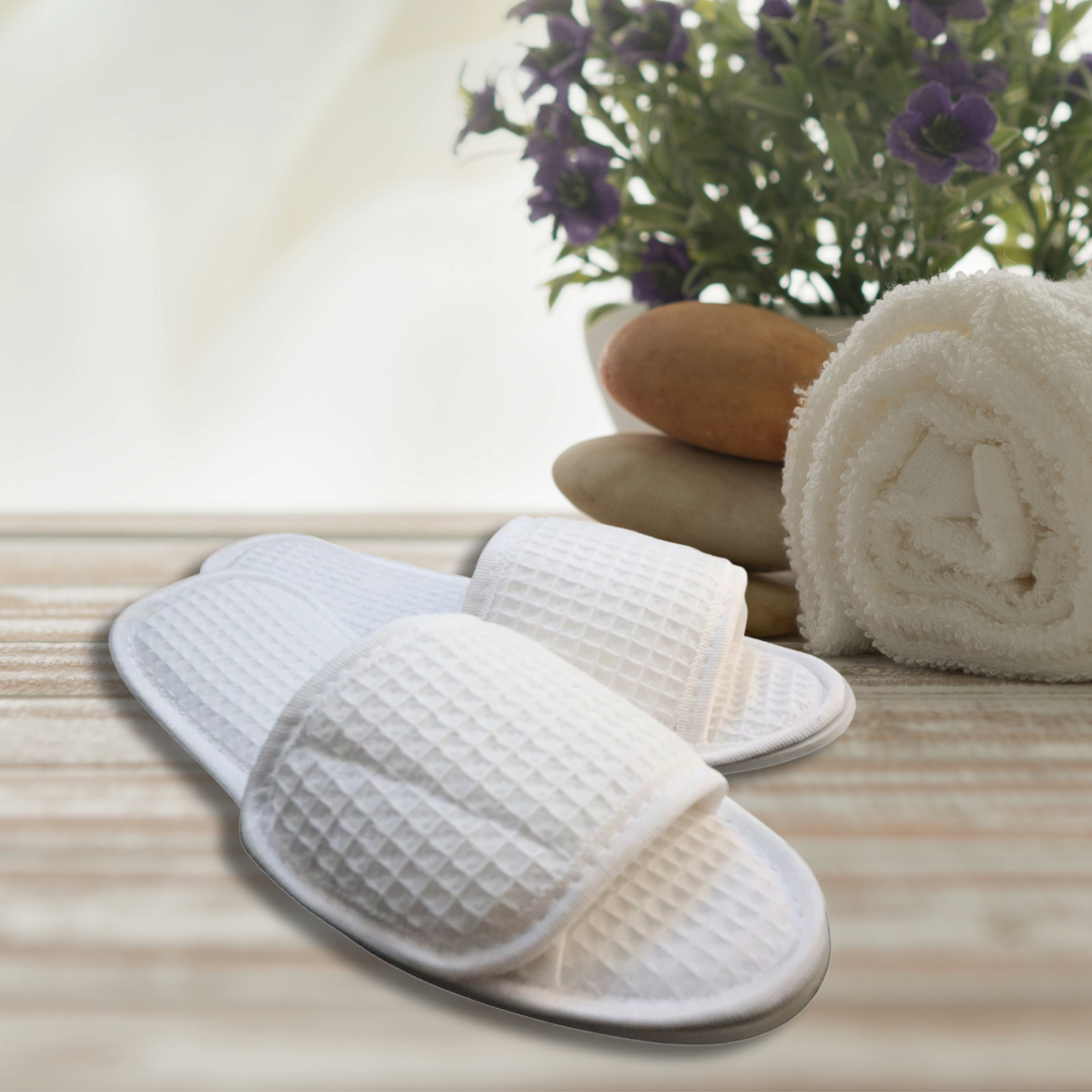 kimono style cotton waffle weave spa slippers - 2 colors by distinct bath & body