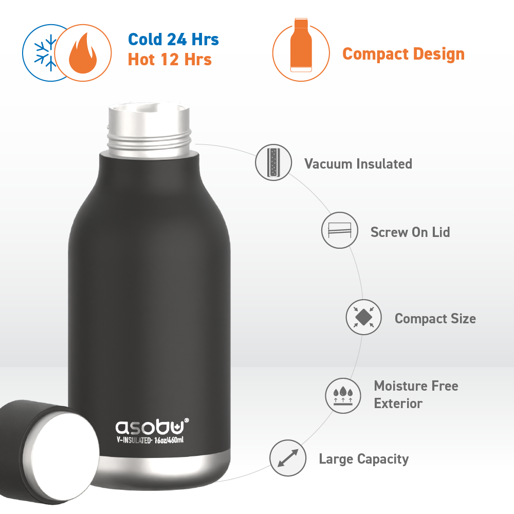 urban insulated and double walled stainless steel bottle 16 ounce by asobu (black) by asobu®