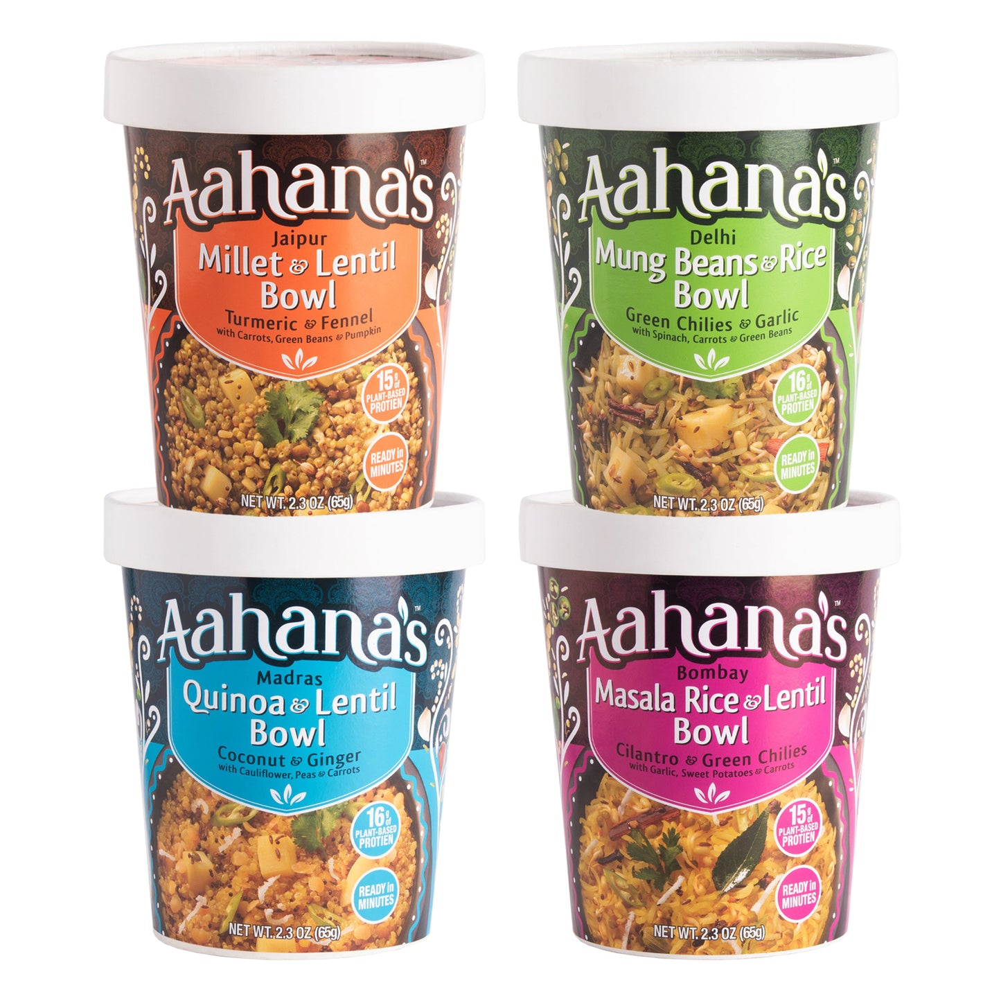 the four pack lentil and grain bowls! (khichdi) - gluten-free, 16g plant-based protein, vegan, non-gmo, ready-to-eat (2.3oz., pack of 4) by aahanasnaturals.com