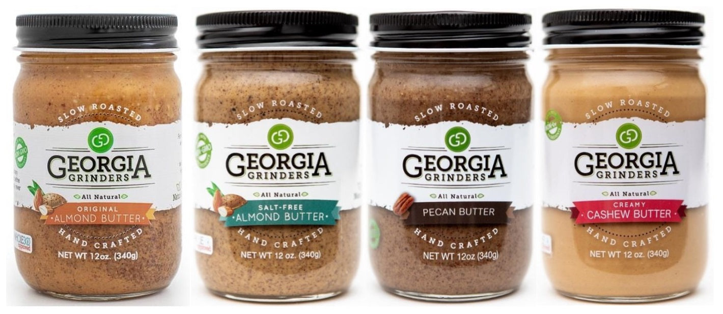 georgia grinders 12 oz whole30 (2) nut butter assortment 4 pack (original almond butter, cashew butter, pecan butter, salt free almond butter) - (cp-cl) by georgia grinders