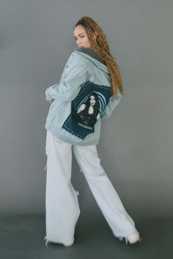 alanis morrissette hand stitched denim jacket by people of leisure