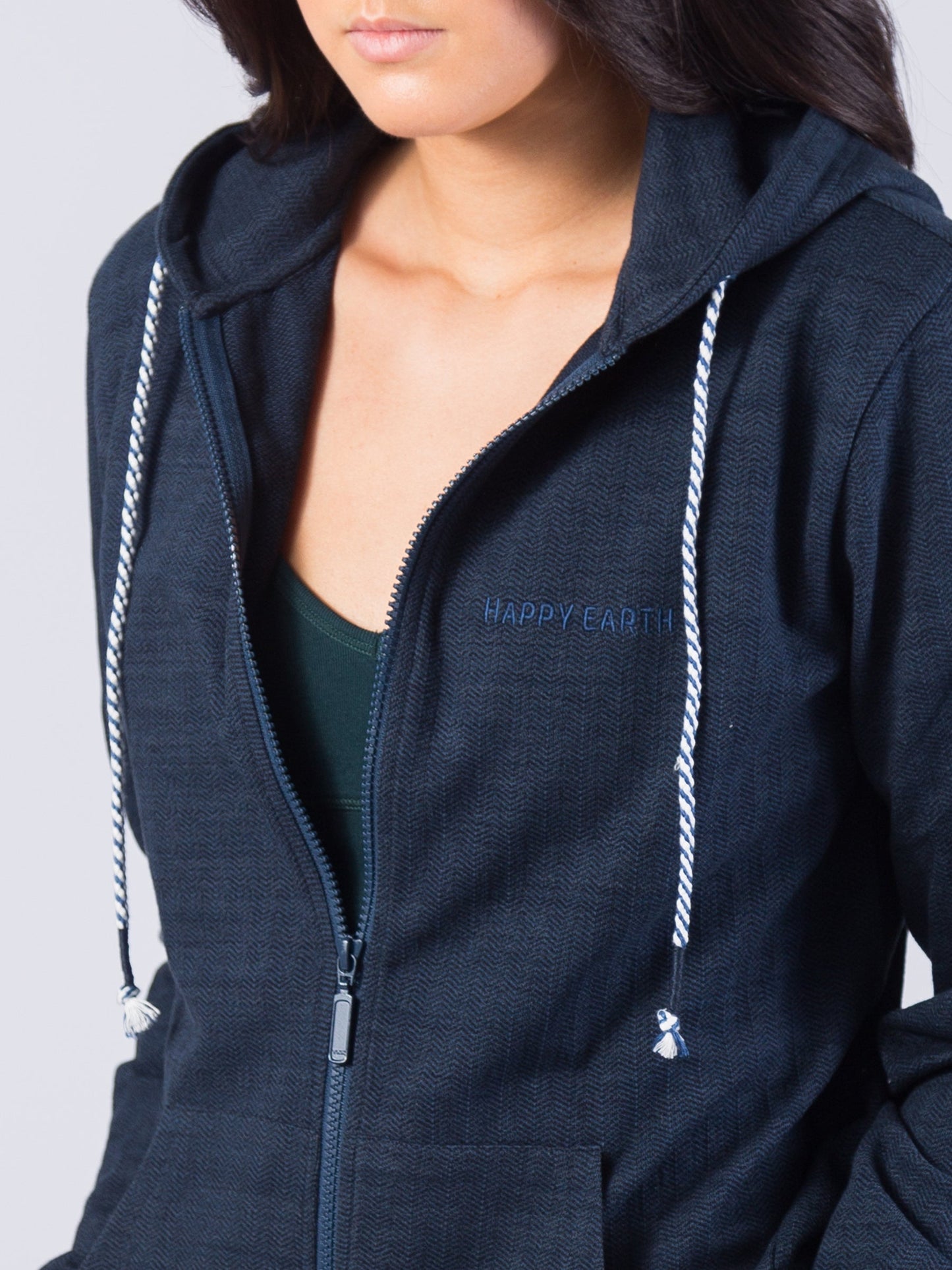 full zip herringbone flex hoodie | deep sea by happy earth