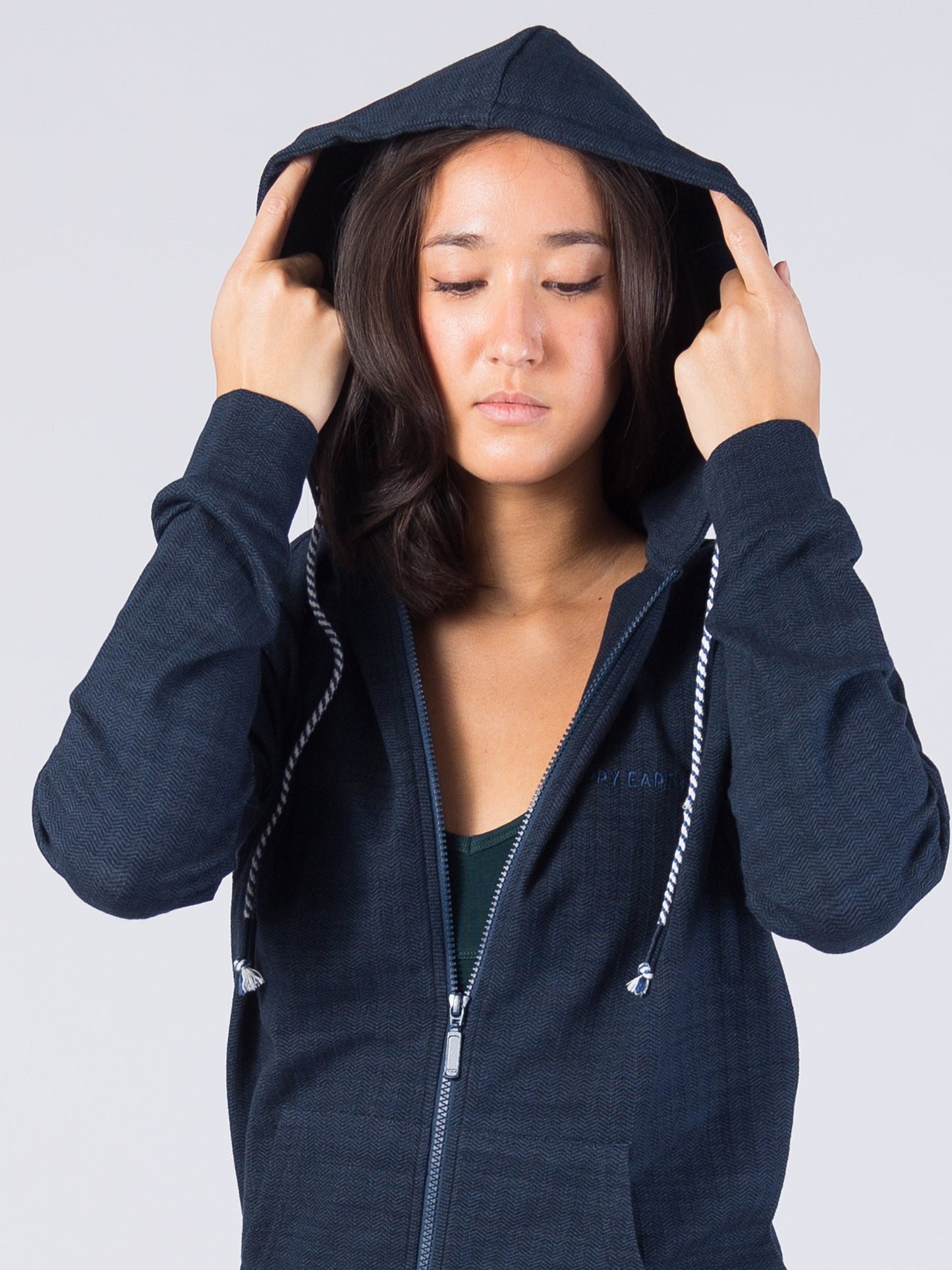 full zip herringbone flex hoodie | deep sea by happy earth