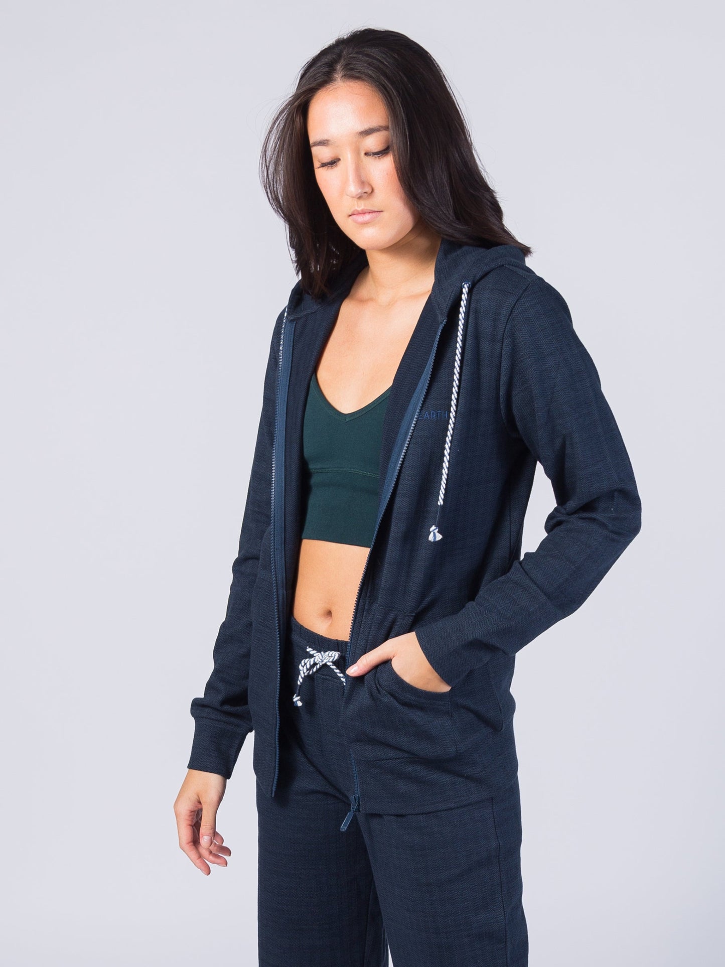 full zip herringbone flex hoodie | deep sea by happy earth