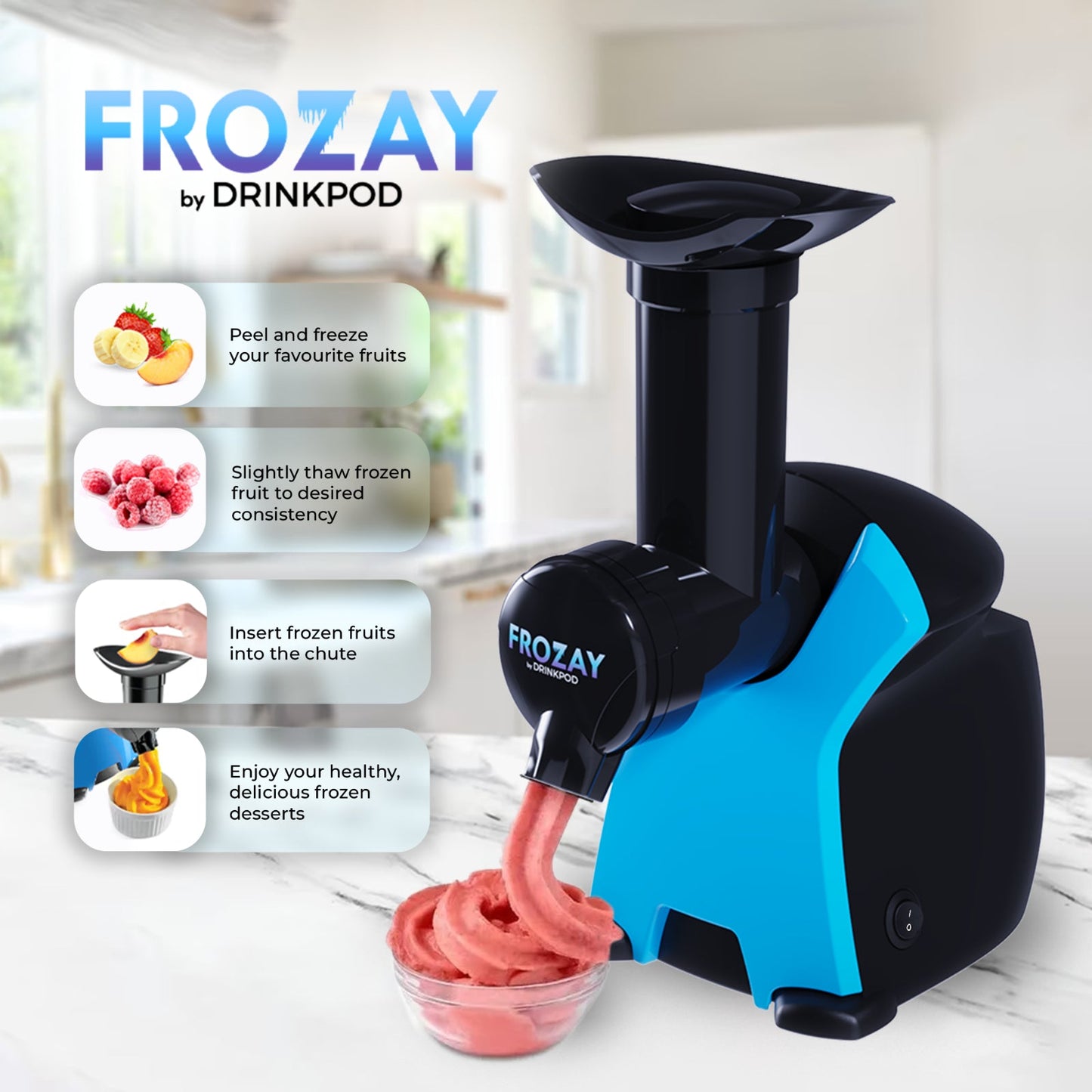 frozay dessert maker 2.8 qt. color blue, vegan ice cream & frozen yogurt maker soft serve desserts with recipes (black/blue) by drinkpod