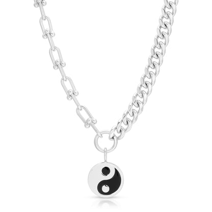 Dual Chain Necklace With Lage Enamel Yin Yang Pendant by eklexic