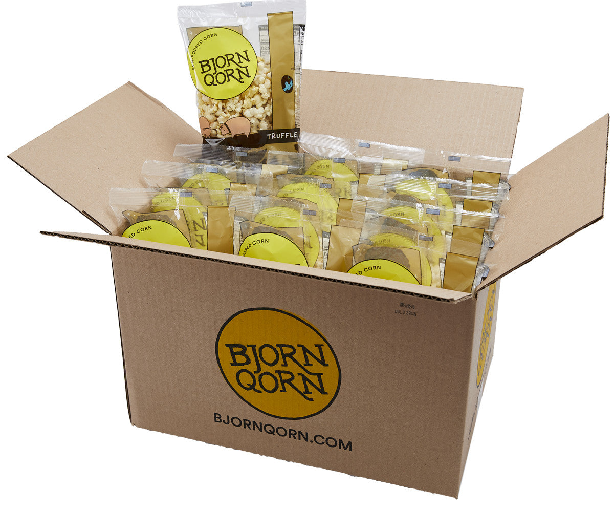 bjorn qorn earth (truffle) popcorn bags - 12-pack x 3oz bag by farm2me