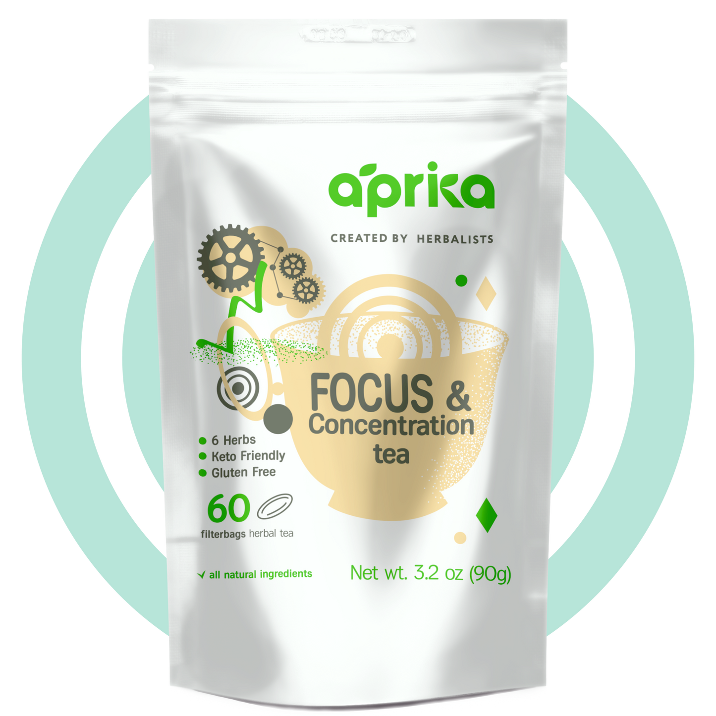 focus & concentration herbal tea, 60 bags by aprika life