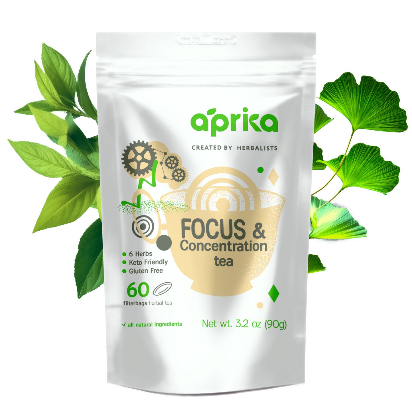 focus & concentration herbal tea, 60 bags by aprika life