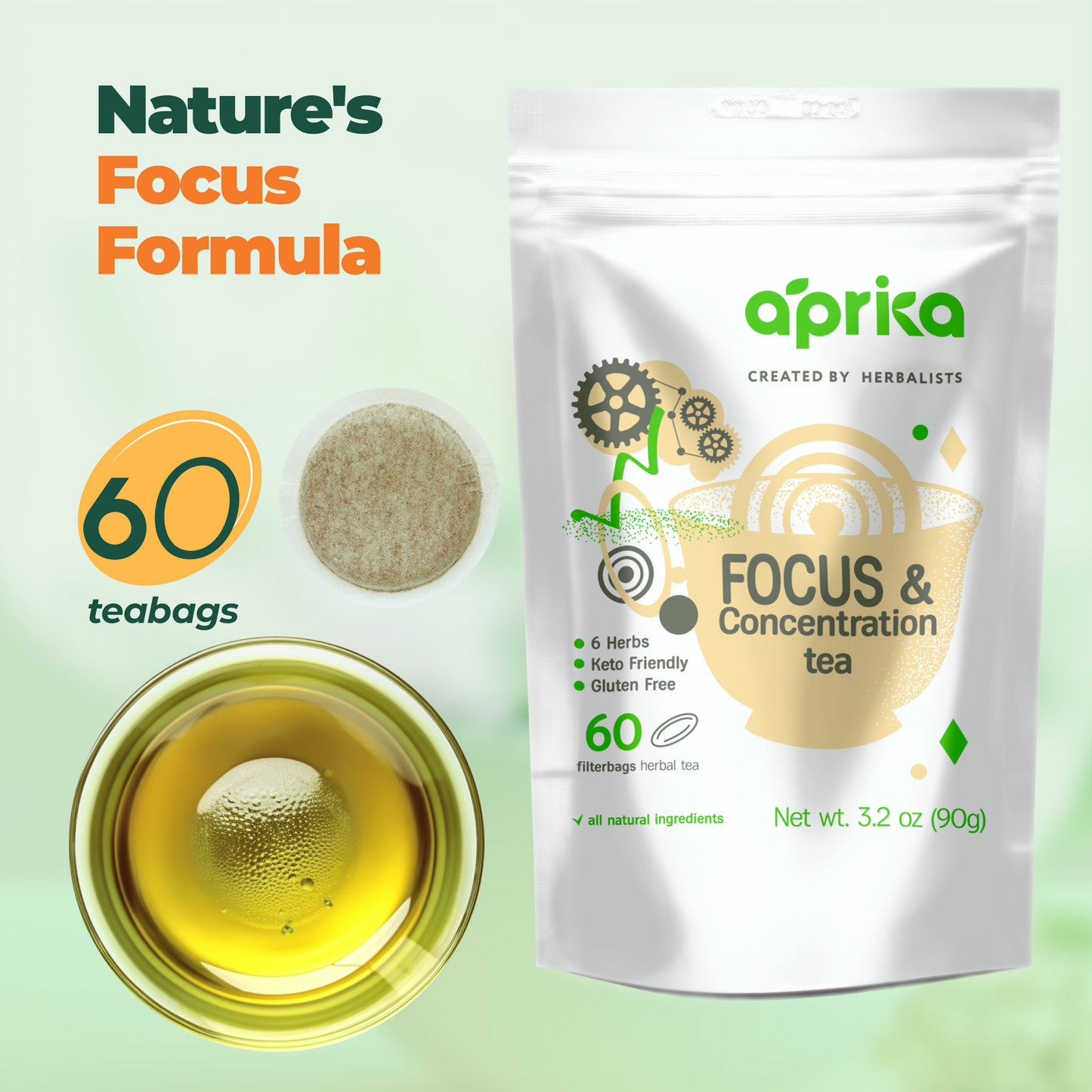 focus & concentration herbal tea, 60 bags by aprika life