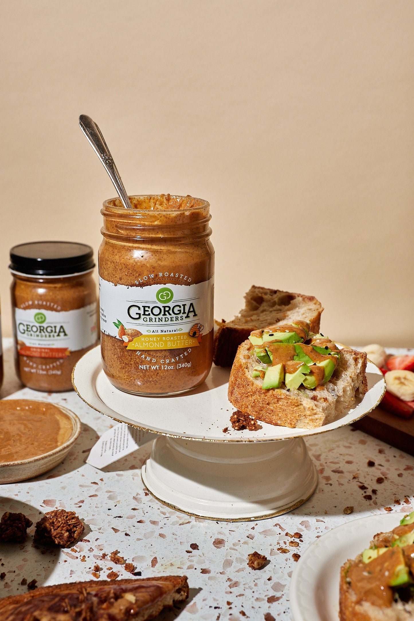 georgia grinders maple caramel almond butter and honey roasted almond butter mix pack (two 12oz jars of each) - cp-cl by georgia grinders