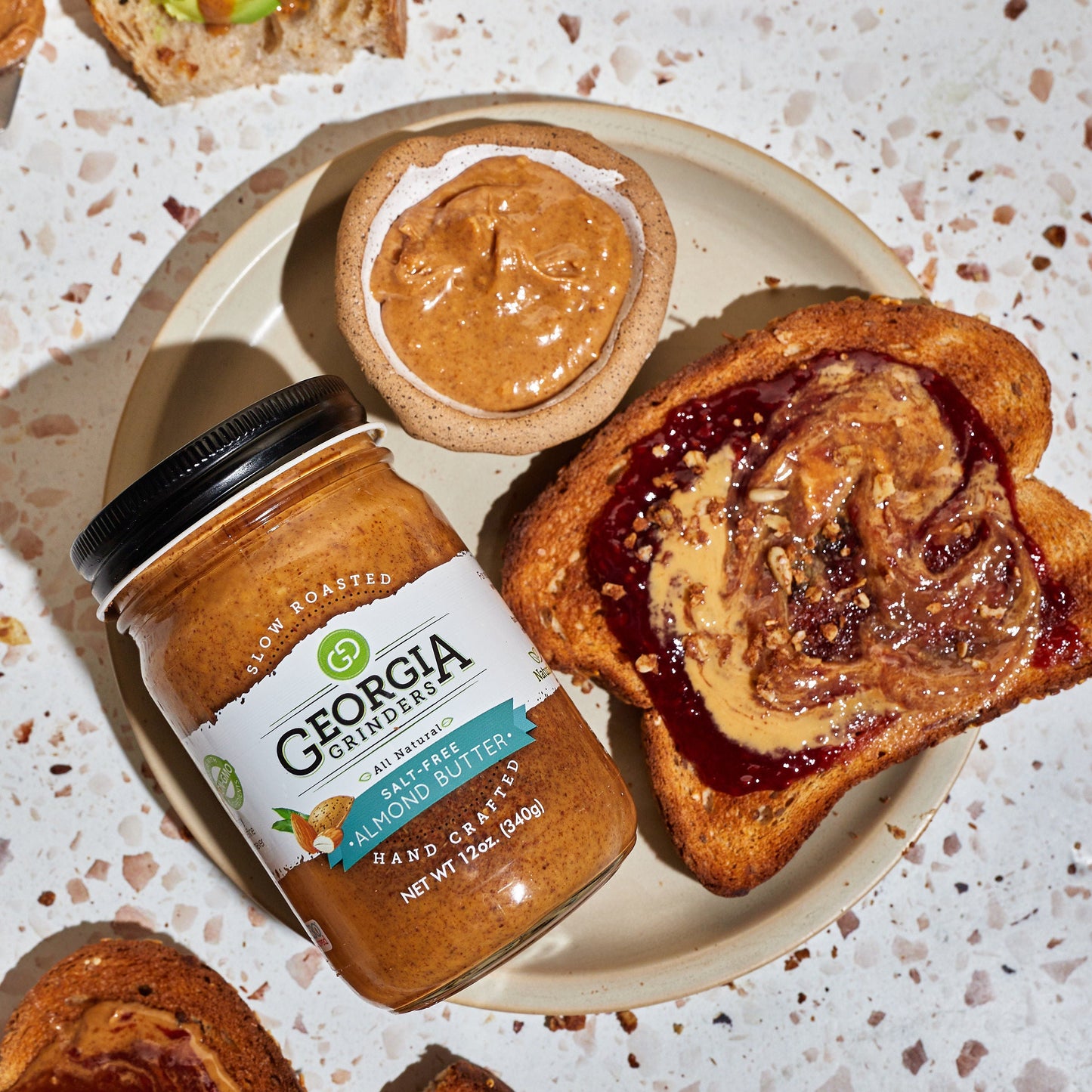 georgia grinders almond butter assorted 4 pack (one 12oz jar of each: original almond butter, maple caramel almond butter, salt free almond butter, honey roasted almond butter - (cp-cl) by georgia grinders