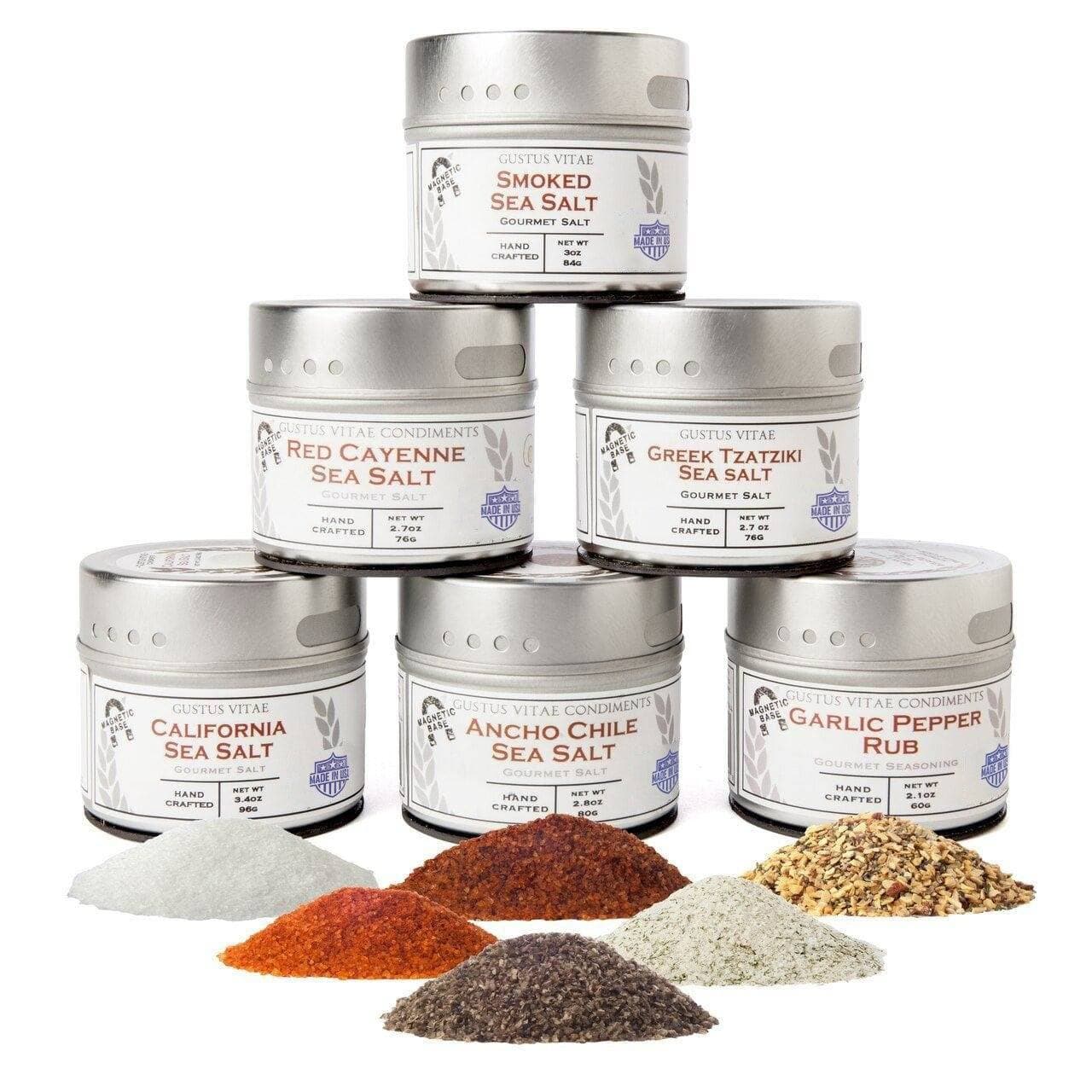 gourmet finishing sea salts and rubs collection - 6 tins by gustus vitae