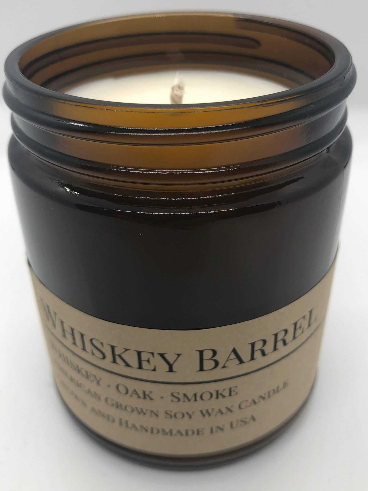 whiskey barrel soy wax candle | 9 oz amber apothecary jar by prairie fire tallow, candles, and lavender
