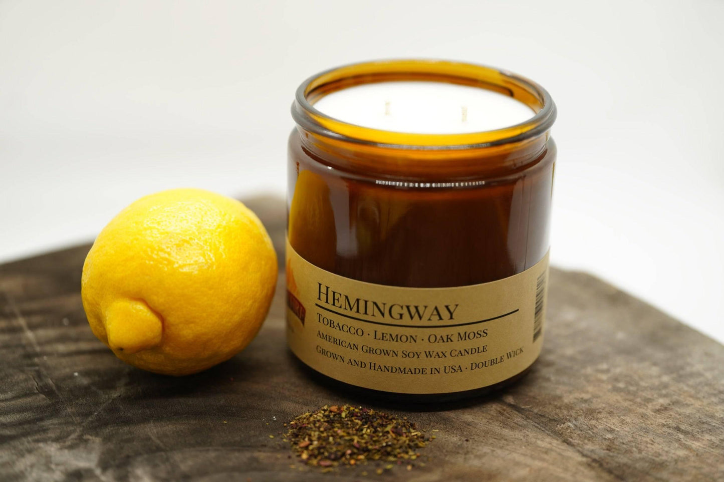 hemingway soy wax candle | 16 oz double wick amber apothecary jar by prairie fire tallow, candles, and lavender