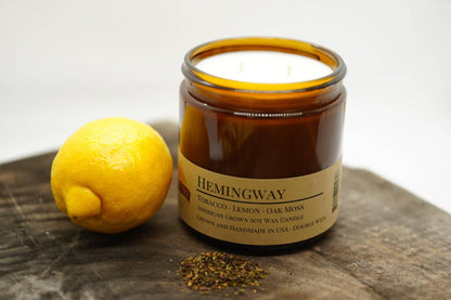Hemingway Soy Wax Candle | 16 oz Double Wick Amber Apothecary Jar by Prairie Fire Tallow, Candles, and Lavender