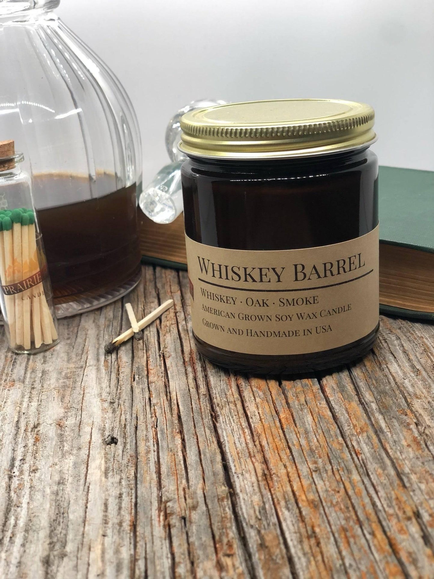 whiskey barrel soy wax candle | 9 oz amber apothecary jar by prairie fire tallow, candles, and lavender