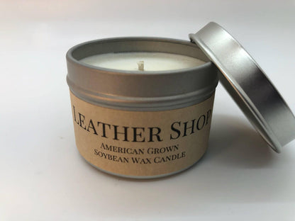Leather Shop Soy Wax Candle | 2 oz Travel Tin by Prairie Fire Tallow, Candles, and Lavender