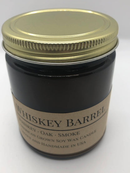 Whiskey Barrel Soy Wax Candle | 9 oz Amber Apothecary Jar by Prairie Fire Tallow, Candles, and Lavender