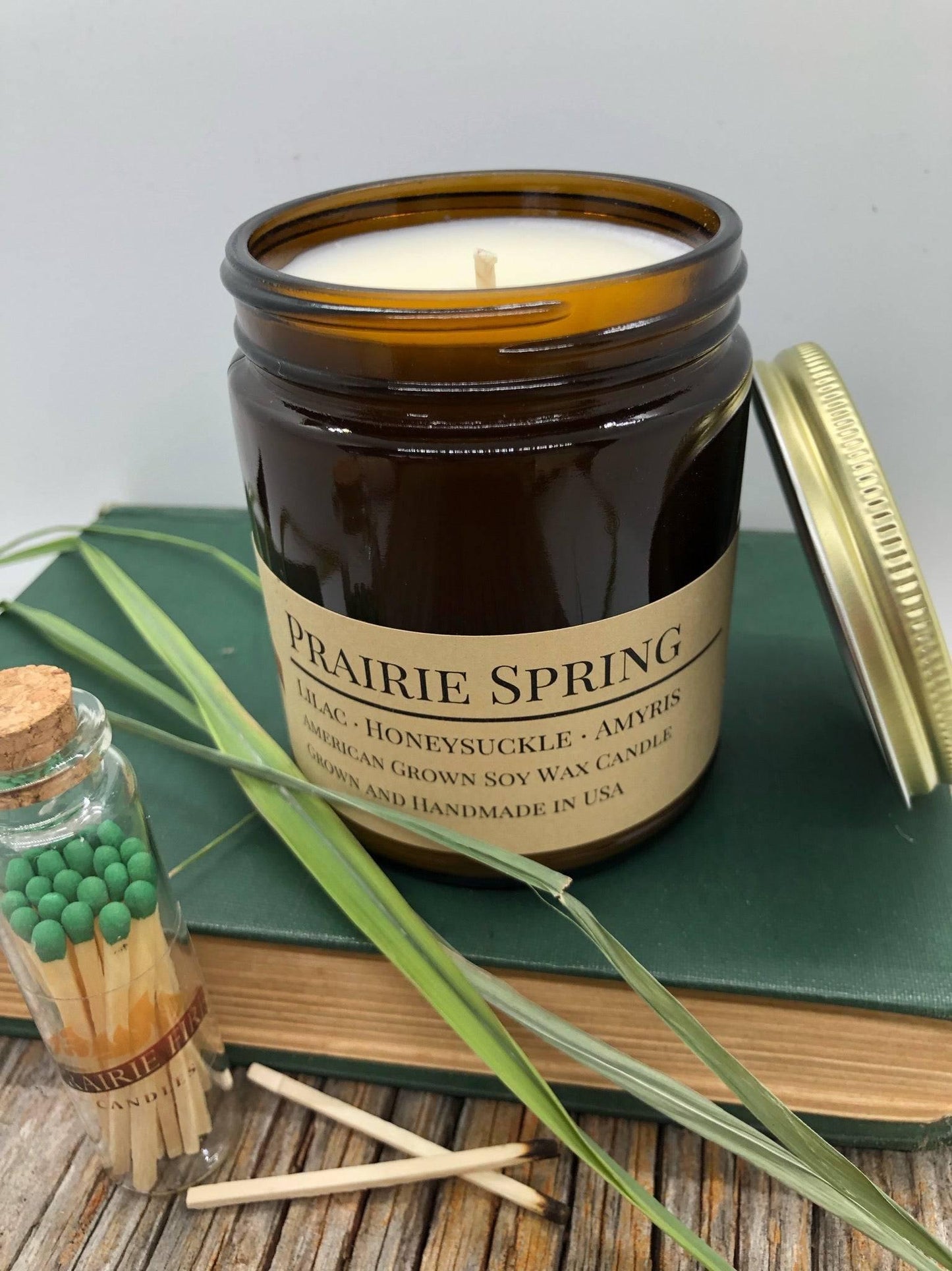 prairie spring soy wax candle | 9 oz amber apothecary jar by prairie fire tallow, candles, and lavender