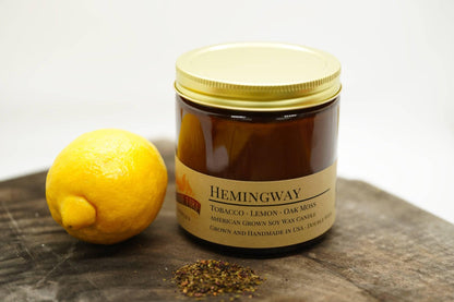 Hemingway Soy Wax Candle | 16 oz Double Wick Amber Apothecary Jar by Prairie Fire Tallow, Candles, and Lavender