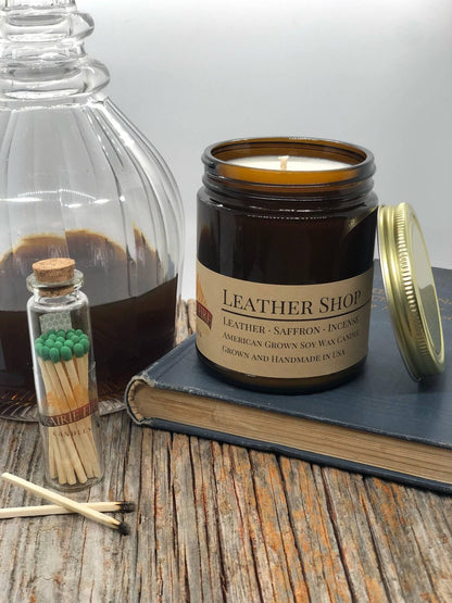 Leather Shop Soy Wax Candle | 9 oz Amber Apothecary Jar by Prairie Fire Tallow, Candles, and Lavender