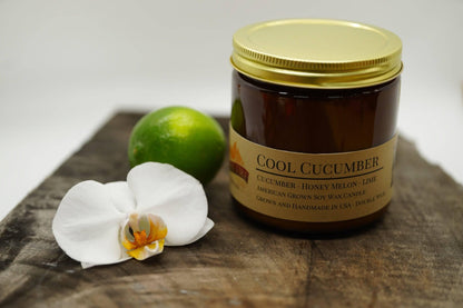 Cool Cucumber Soy Wax Candle | 16 oz Double Wick Amber Apothecary Jar by Prairie Fire Tallow, Candles, and Lavender