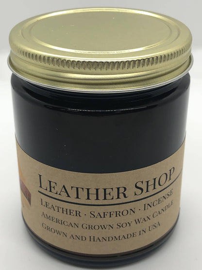 Leather Shop Soy Wax Candle | 9 oz Amber Apothecary Jar by Prairie Fire Tallow, Candles, and Lavender