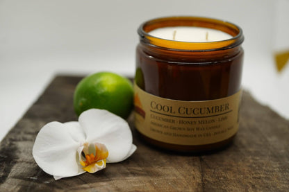 Cool Cucumber Soy Wax Candle | 16 oz Double Wick Amber Apothecary Jar by Prairie Fire Tallow, Candles, and Lavender
