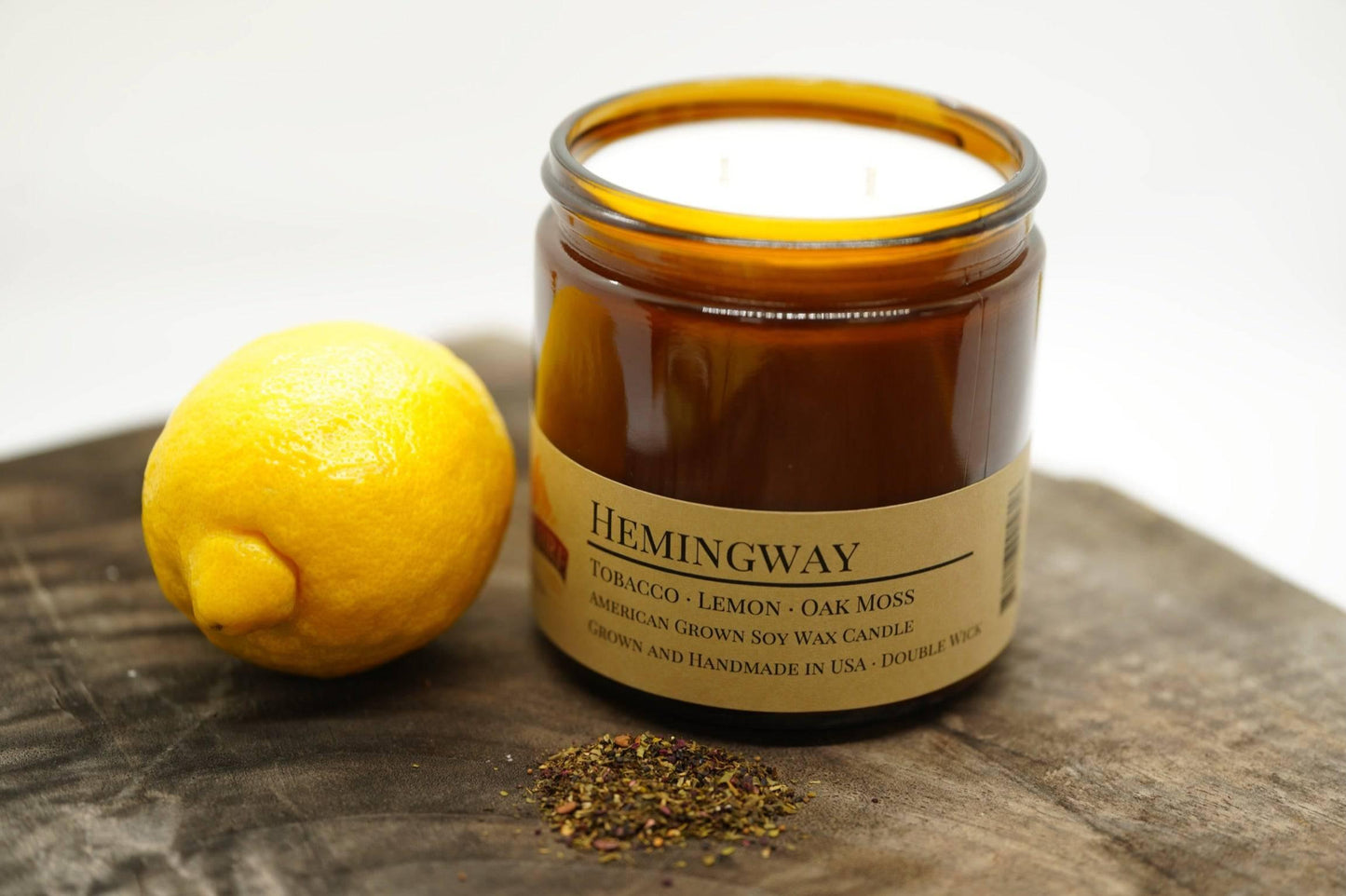 hemingway soy wax candle | 16 oz double wick amber apothecary jar by prairie fire tallow, candles, and lavender