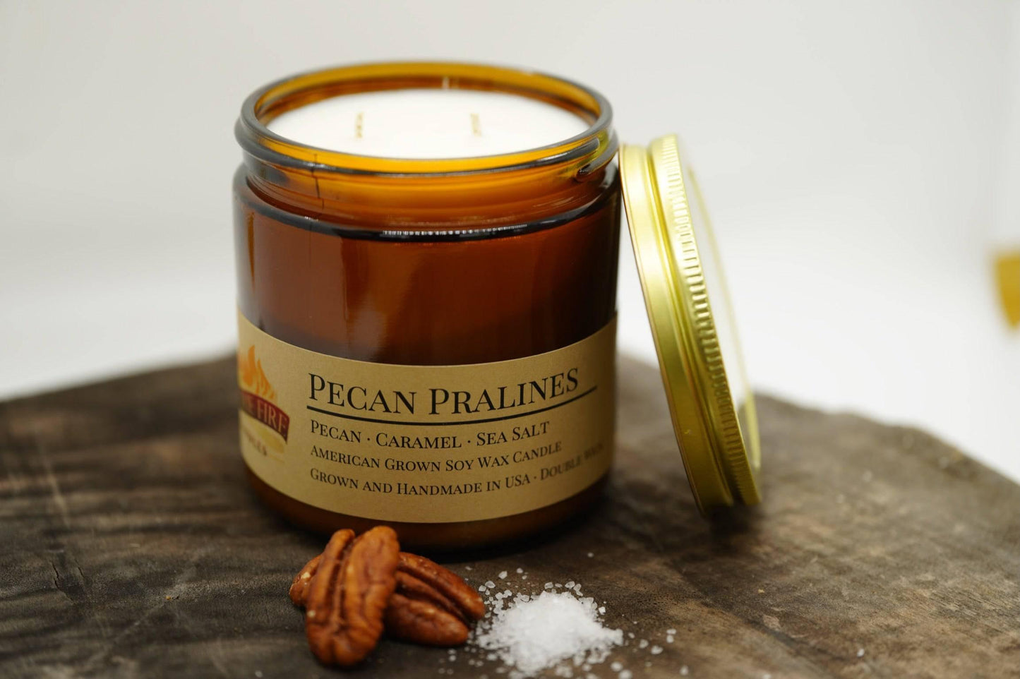 pecan pralines soy wax candle | 16 oz double wick amber apothecary jar by prairie fire tallow, candles, and lavender