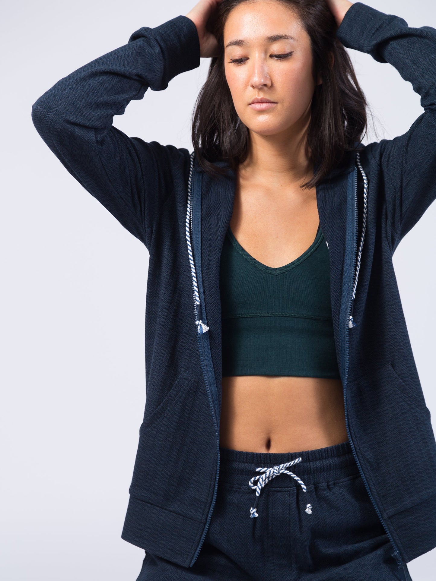 full zip herringbone flex hoodie | deep sea by happy earth