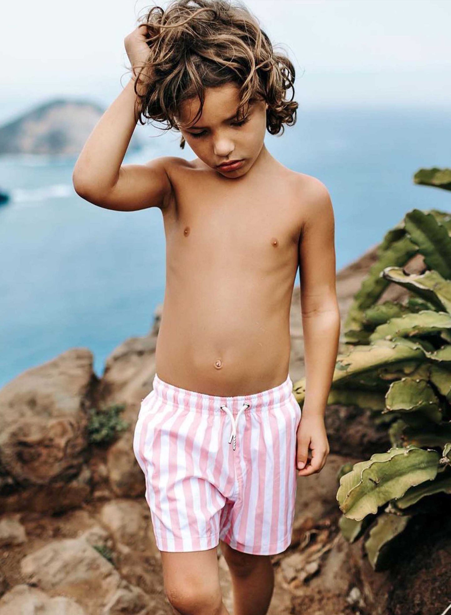 pink stripes - kids swim trunks by bermies