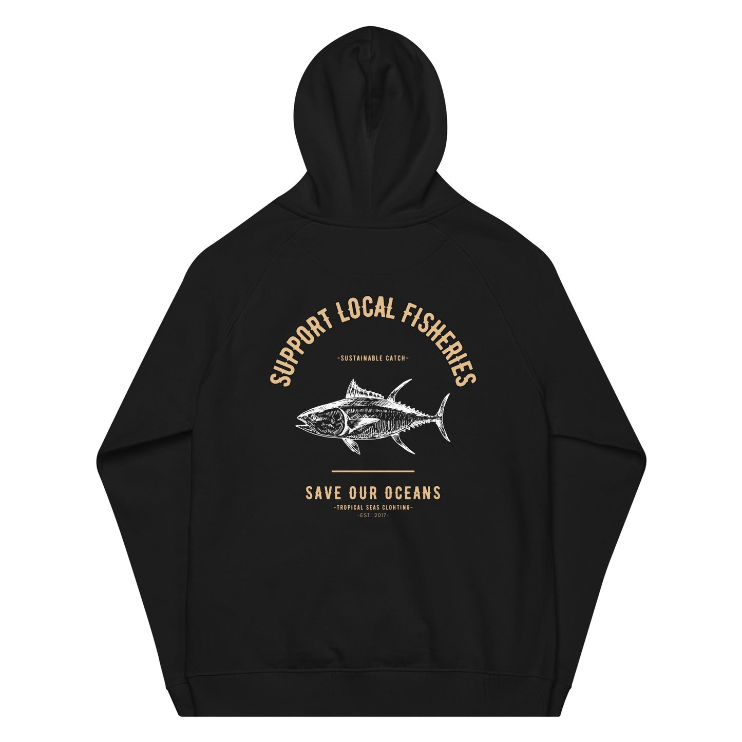 men's support local fisheries tuna eco raglan hoodie by tropical seas clothing