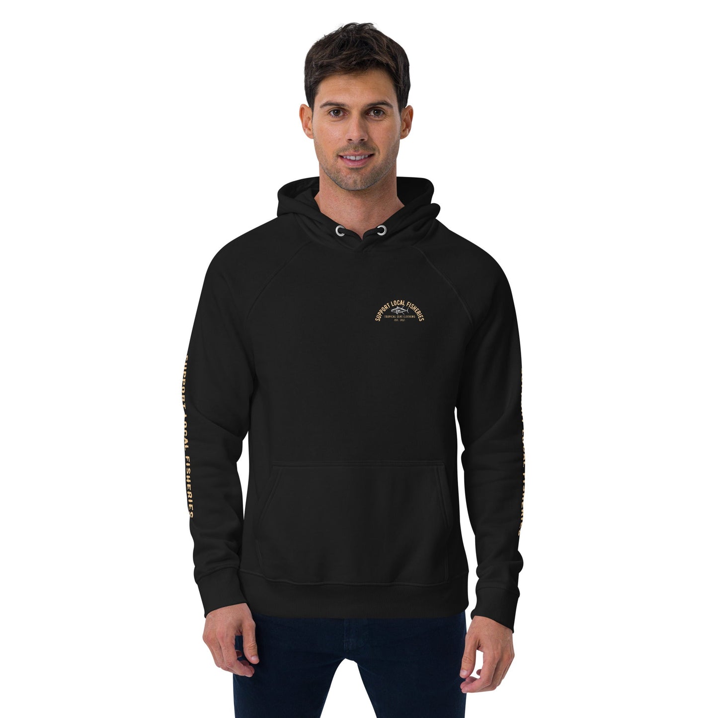 men's support local fisheries tuna eco raglan hoodie by tropical seas clothing