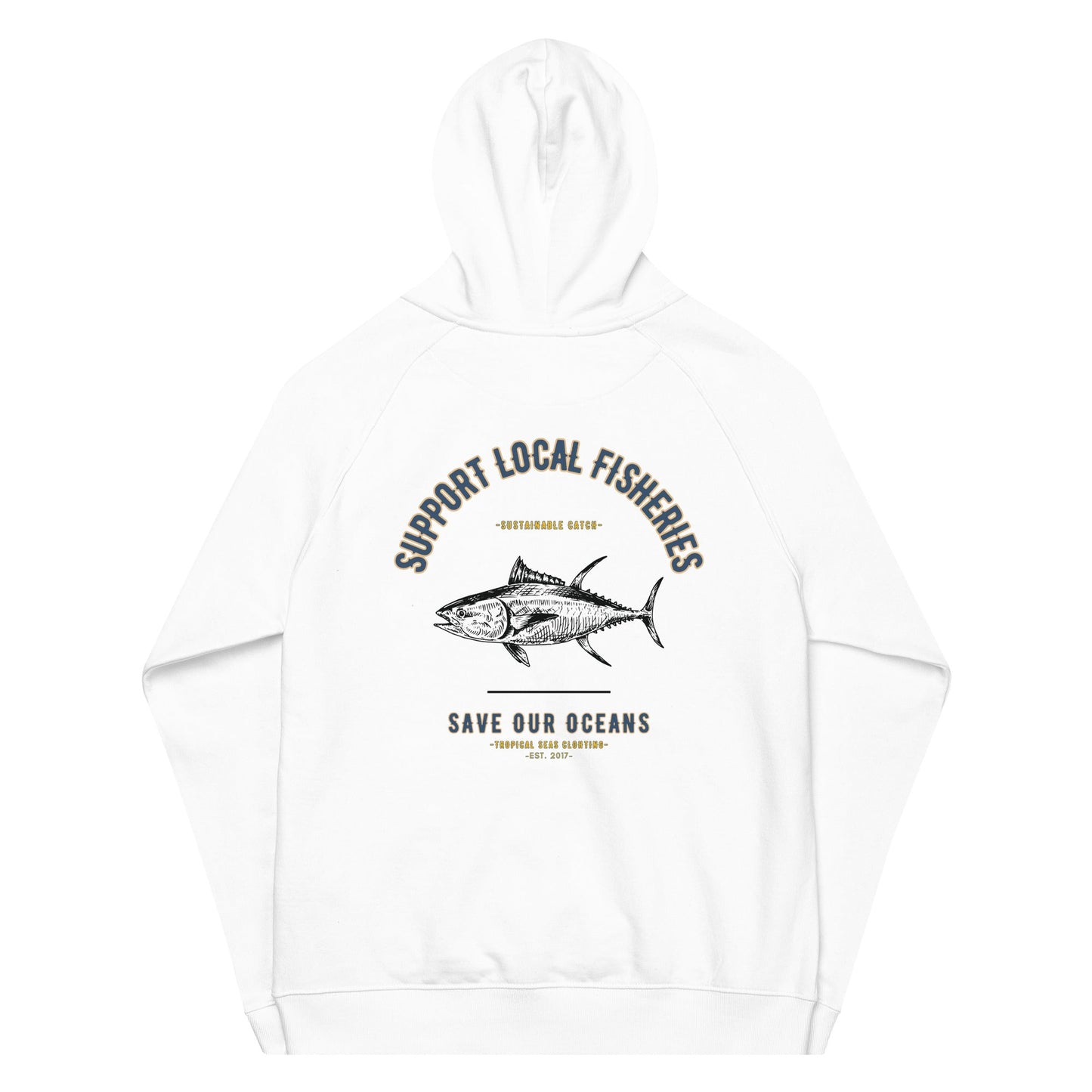 men's support local fisheries tuna eco raglan hoodie by tropical seas clothing