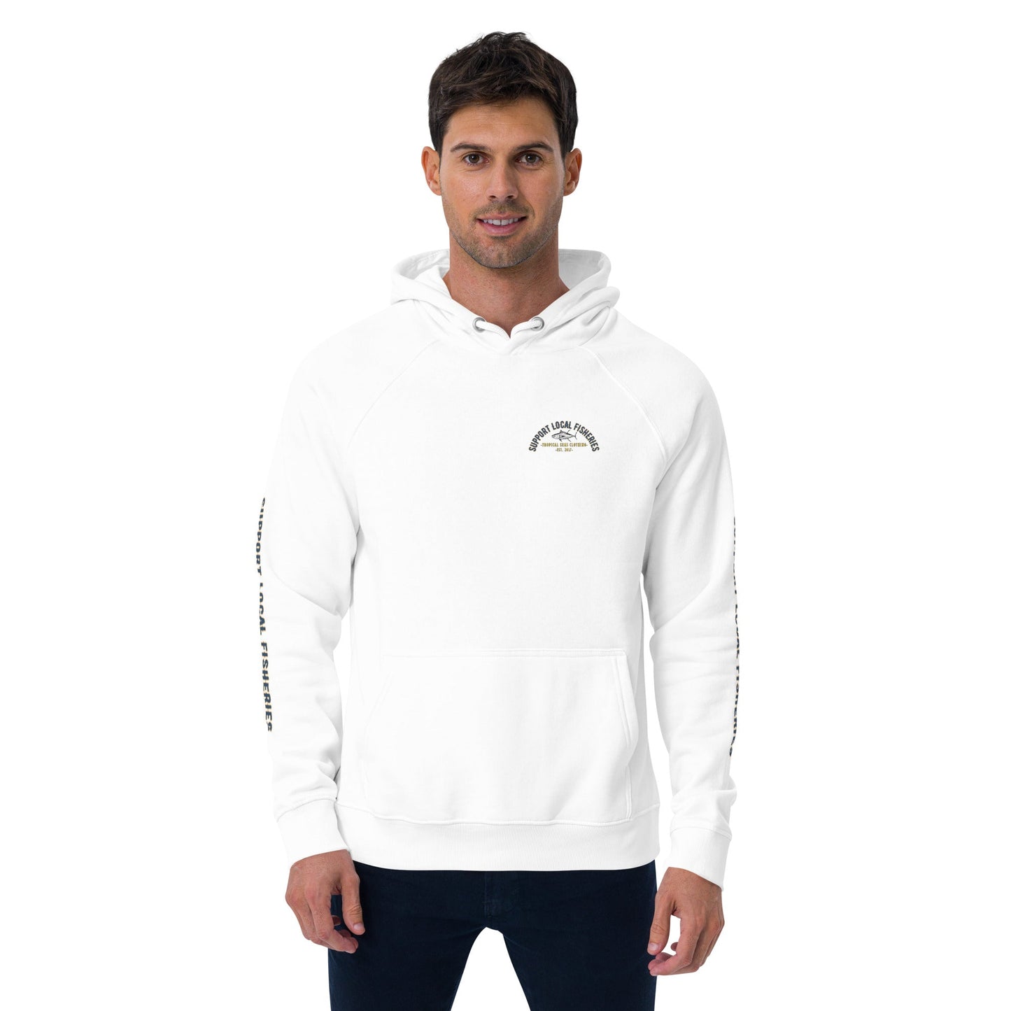 men's support local fisheries tuna eco raglan hoodie by tropical seas clothing